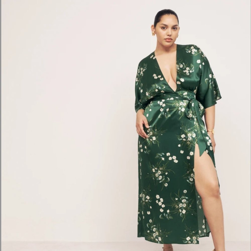 Reformation Heidi Silk Dress in Buena Green Floral NWT